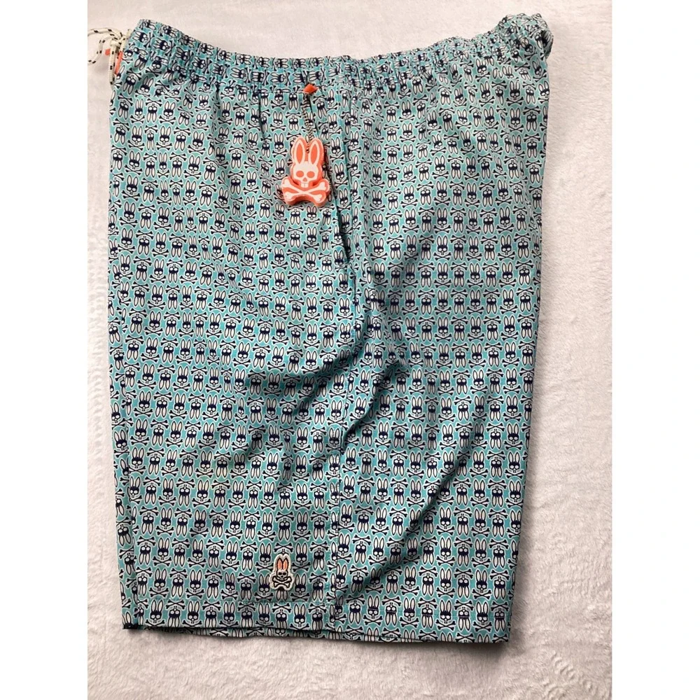 Psycho Bunny Swim Trunks Men 2XLT Blue Bunny Crossbones Print Board Shorts